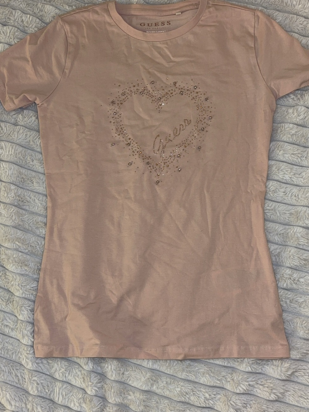 GUESS Light Pink Short Sleeve Tee with Rhinestone Heart Logo